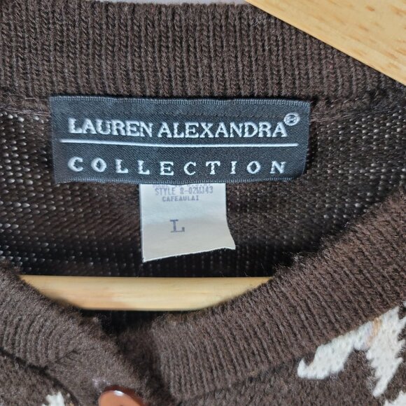 Lauren Alexandra Cardigan Sweater Brown Cream Large Floral Gold Fleck Button VTG - Picture 5 of 7